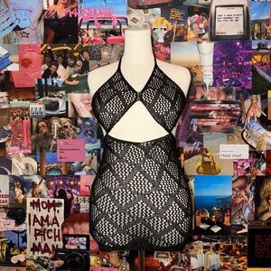 Black crochet halter neck tie dress